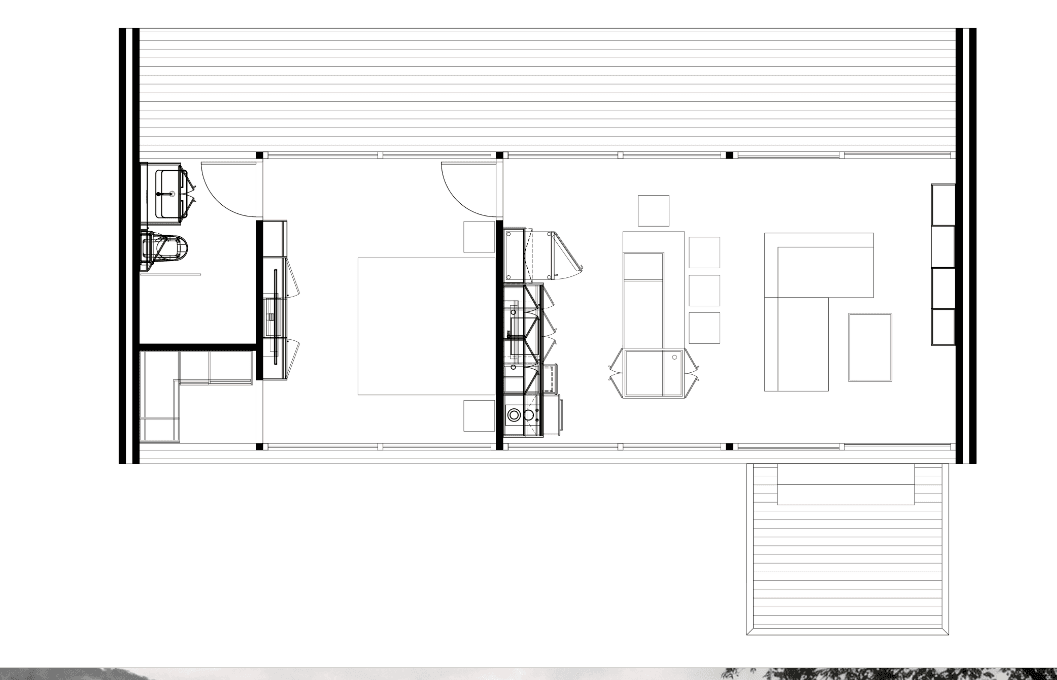 Sati size M floor plan: one bedroom, one bathroom, kitchen and living room
